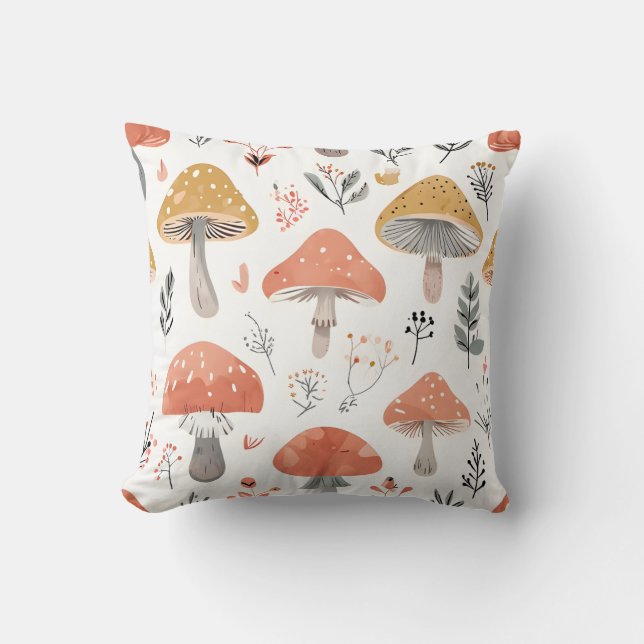 Whimsical Forest Mushroom Pattern Throw Pillow (Front)