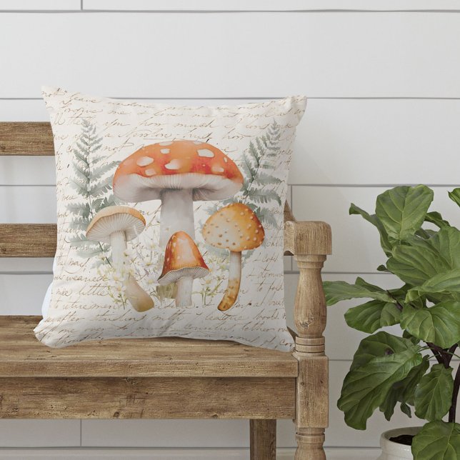 Whimsical Forest Mushroom Vintage Farmhouse  Cushion (In situ, on bench)