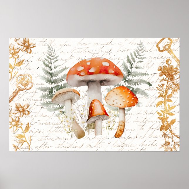 Whimsical Forest Mushroom Vintage letter Farmhouse Poster (Front)