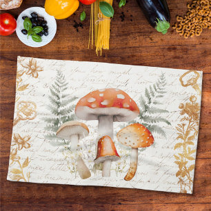 Whimsical Forest Mushroom Vintage letter Farmhouse Tea Towel