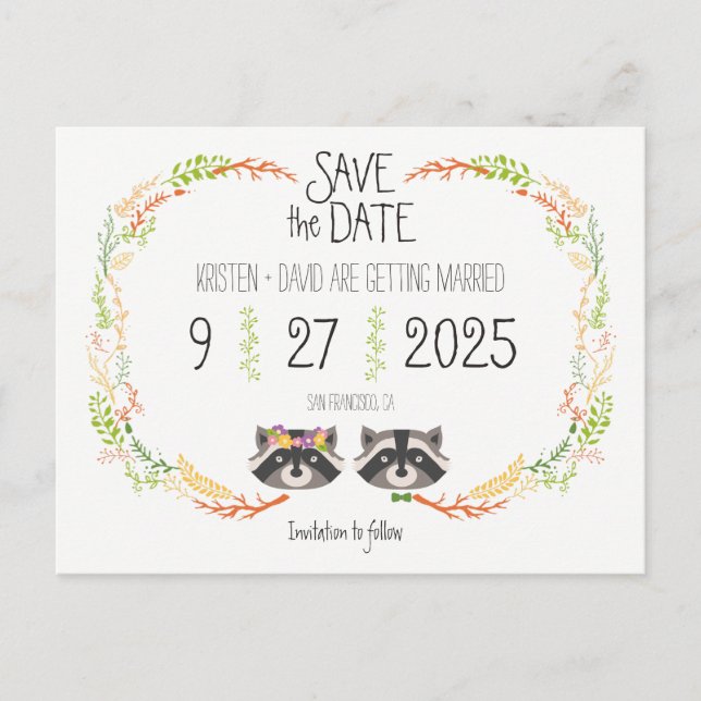 Whimsical Forest Raccoons Rustic Save the Date Announcement Postcard (Front)