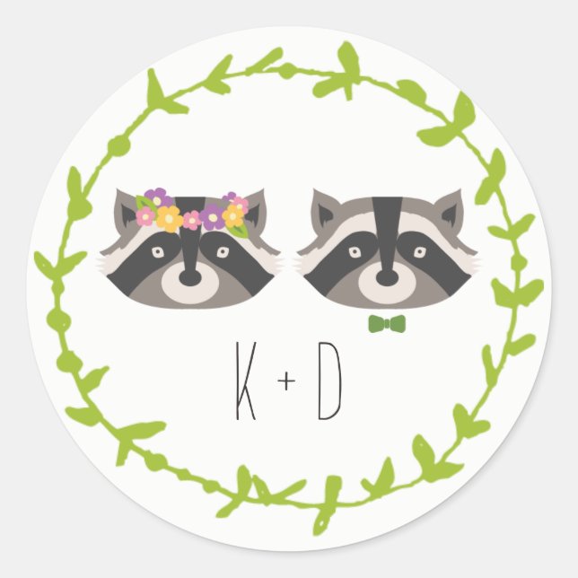Whimsical Forest Raccoons Rustic Wedding Classic Round Sticker (Front)
