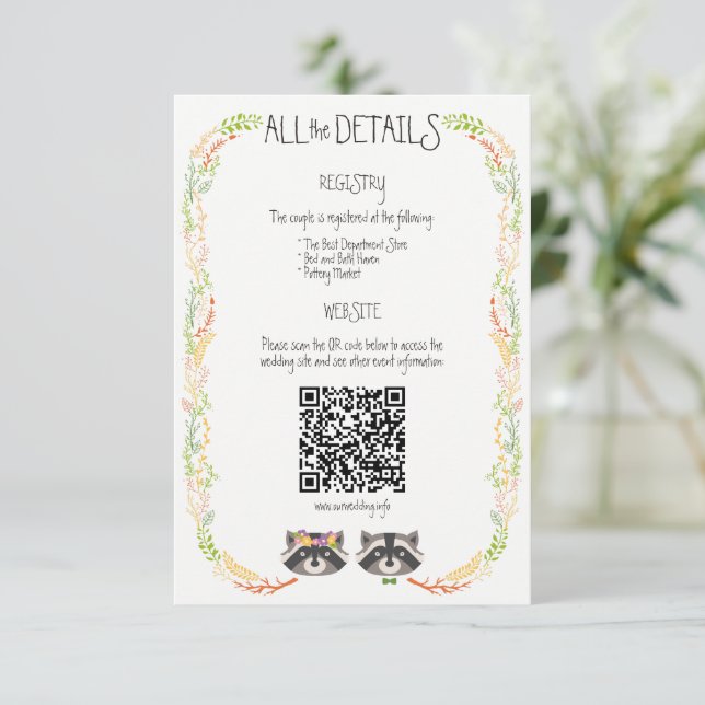 Whimsical Forest Raccoons Rustic Wedding Enclosure (Standing Front)