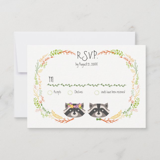 Whimsical Forest Raccoons Rustic Wedding RSVP Card (Front)