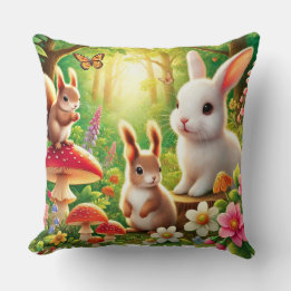 Whimsical Forest Scene with Rabbits, Squirrels Cushion