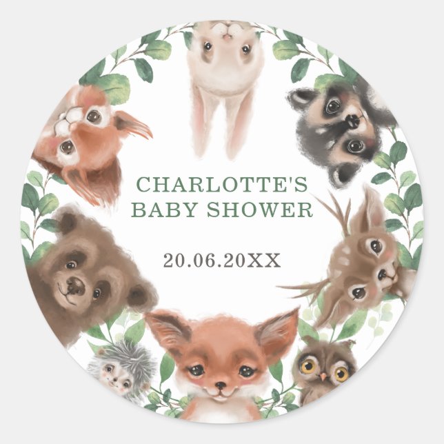 Whimsical forest woodland animals baby shower classic round sticker (Front)