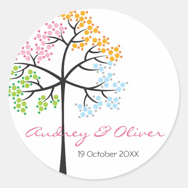 Whimsical Four Seasons Tree Modern Wedding Sticker (Front)