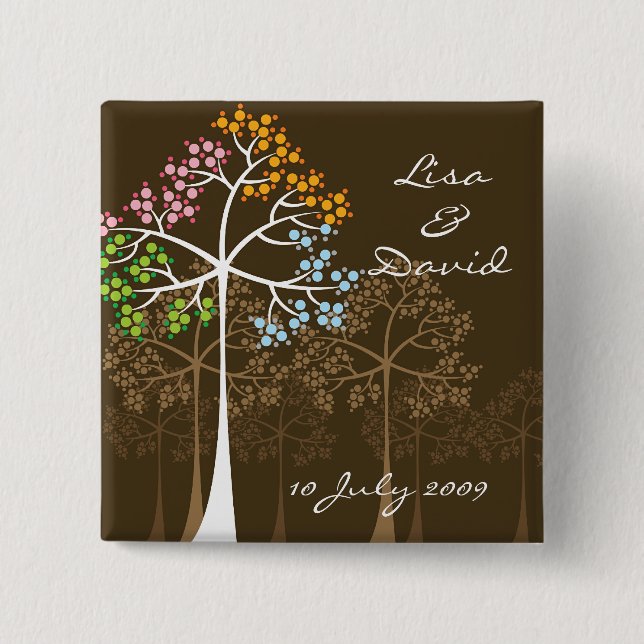 Whimsical Four Seasons Trees Brown Wedding Button (Front)