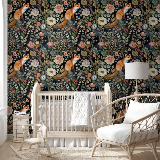Whimsical Fox and Flowers Removable Wallpaper (Kids)