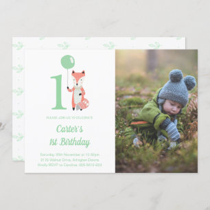 Whimsical Fox & Balloon Green 1st Birthday Photo Invitation