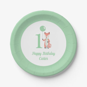 Whimsical Fox & Balloon Green Happy Birthday 1st Paper Plate