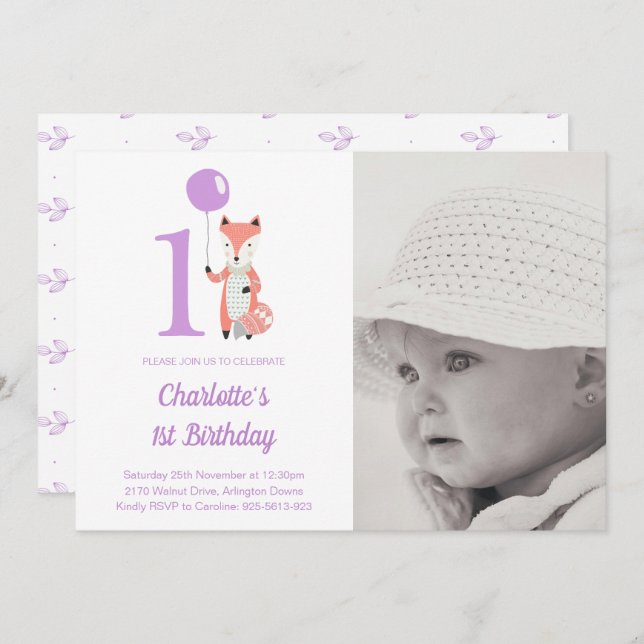 Whimsical Fox & Balloon Purple 1st Birthday Photo Invitation (Front/Back)