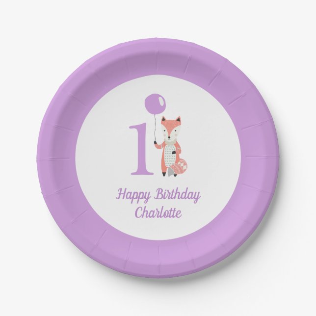 Whimsical Fox & Balloon Purple Happy Birthday 1st Paper Plate (Front)