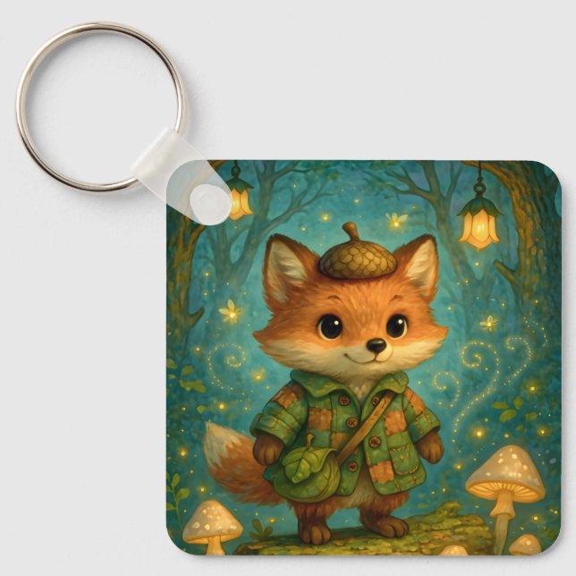 Whimsical Fox Explorer Art Key Ring (Front)