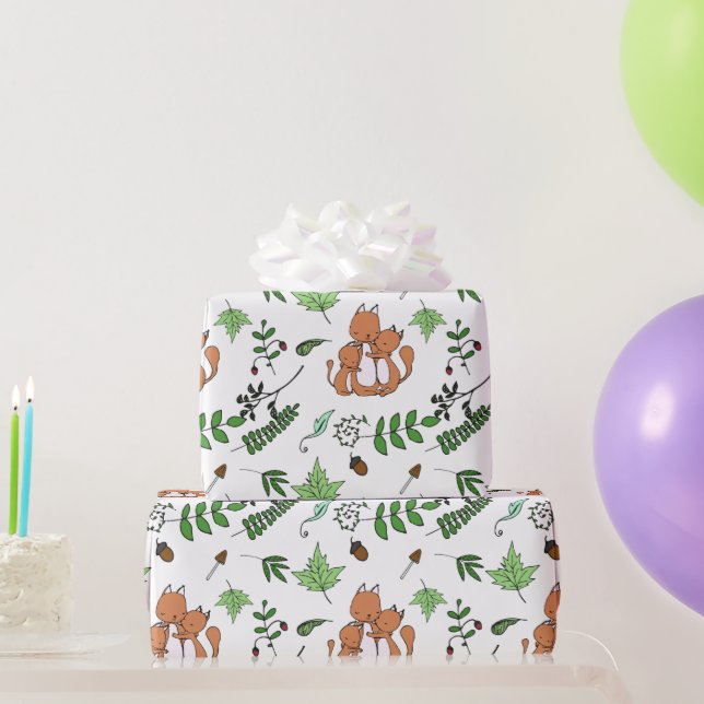 Whimsical Fox Family and Forest Leaves Wrapping Paper (Party Gifts)