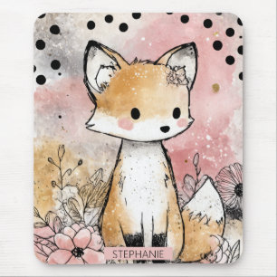 Whimsical Fox Floral Watercolor Art Mouse Mat
