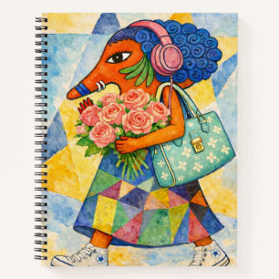 Whimsical Fox Girl with Roses Watercolor Illustrat Notebook