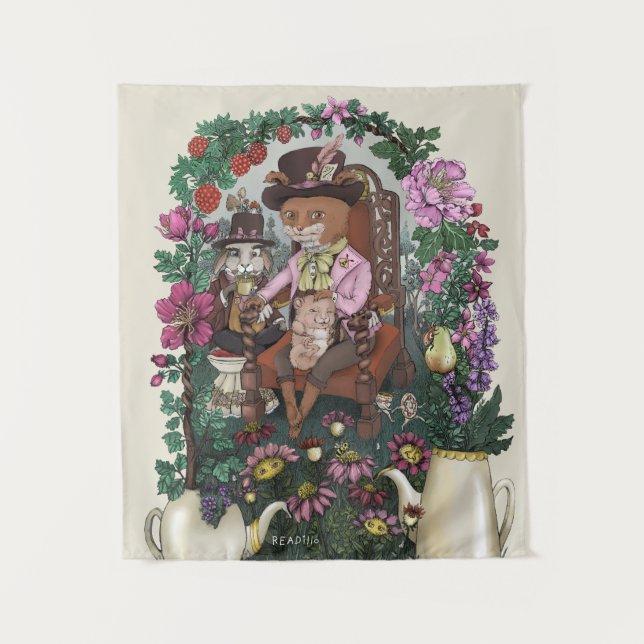 Whimsical Fox Mad Hatter Alice in Wonderland Art Tapestry (Front)
