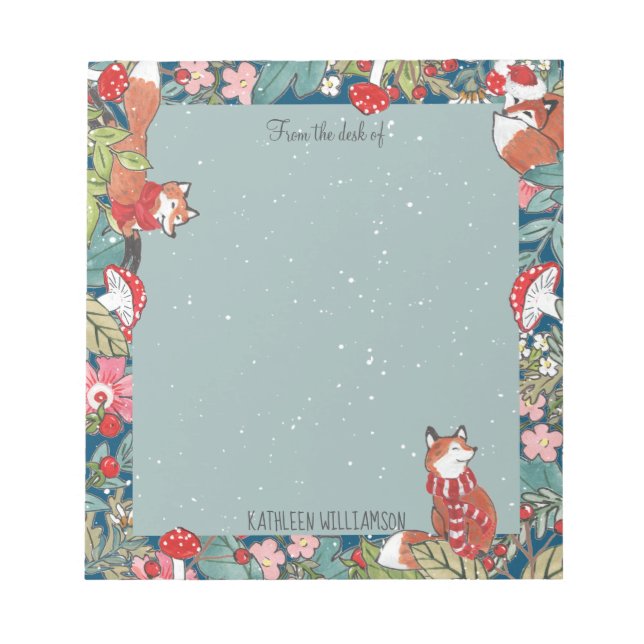 Whimsical Fox Mushroom Teal Woodland Christmas Notepad (Front)