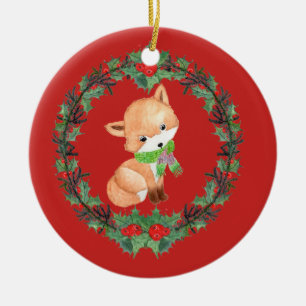 Whimsical Fox Wreath Personalised Ceramic Tree Decoration