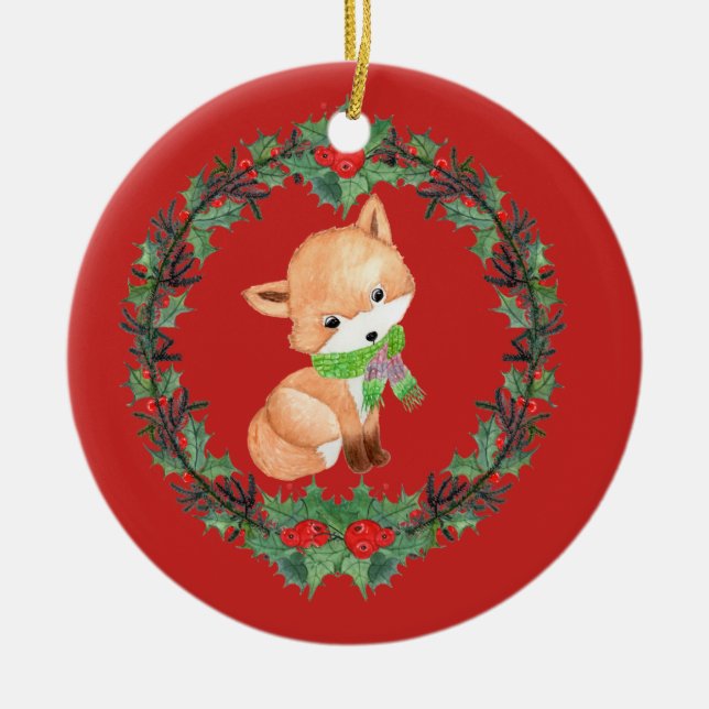 Whimsical Fox Wreath Personalised Ceramic Tree Decoration (Front)