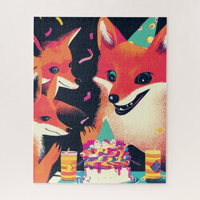 Whimsical Foxes Birthday Party in Risograph Style Jigsaw Puzzle (Vertical)