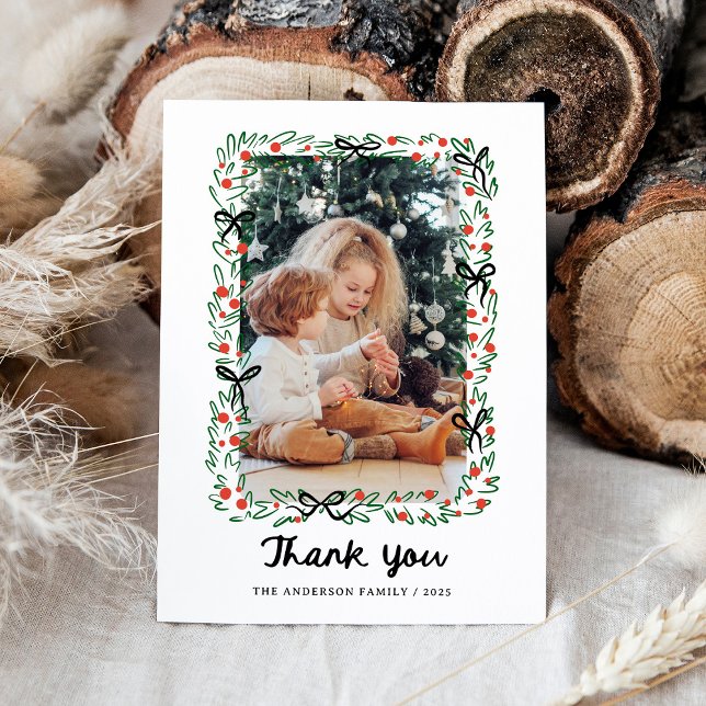 Whimsical Frame and Bow | Photo Christmas Thank You Card (Creator Uploaded)