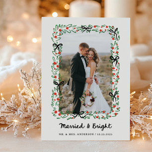 Whimsical Frame and Bow Photo Married and Bright Holiday Card