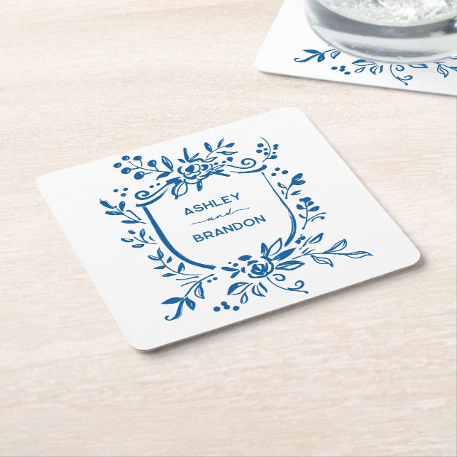 Whimsical French Blue Botanical Crest Wedding Square Paper Coaster (Angled)