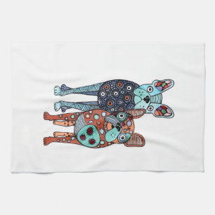 Whimsical French Bulldogs Folk Art Doodle Kitchen Tea Towel
