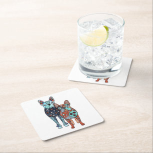 Whimsical French Bulldogs Folk Art Doodle Square D Paper Coaster