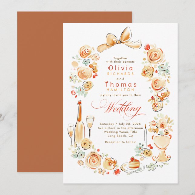 Whimsical French Floral Hand Drawn Fall Wedding Invitation (Front/Back)
