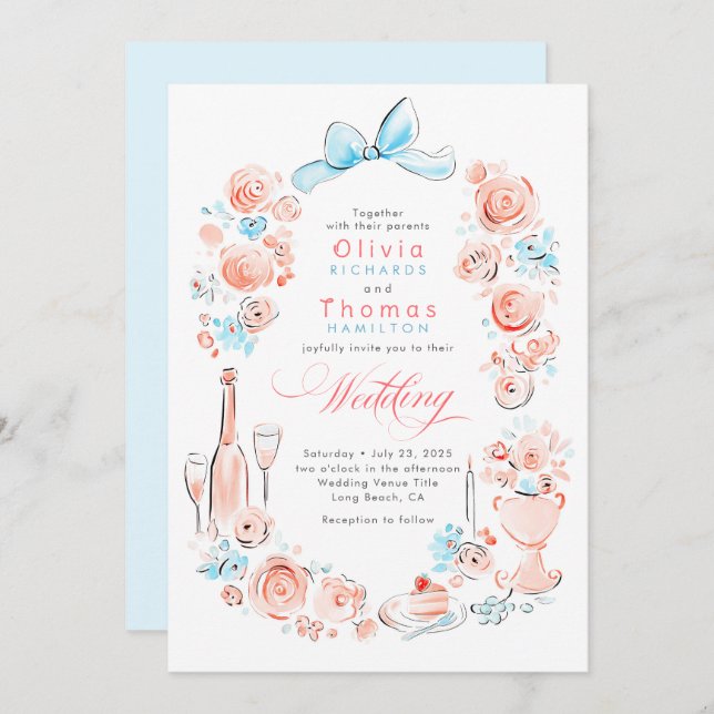 Whimsical French Floral Hand Drawn Wedding Invitation (Front/Back)