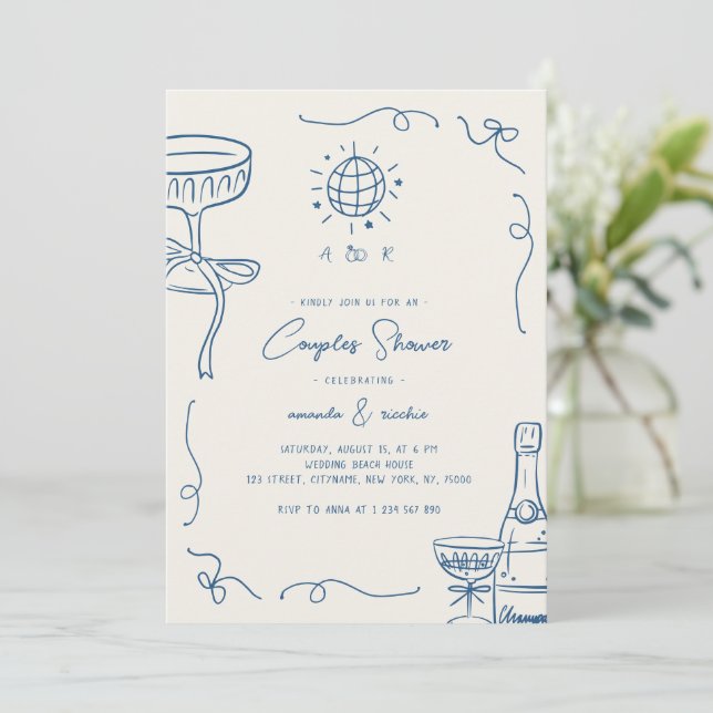 Whimsical French Fun Hand Drawn Couples Shower Invitation (Standing Front)