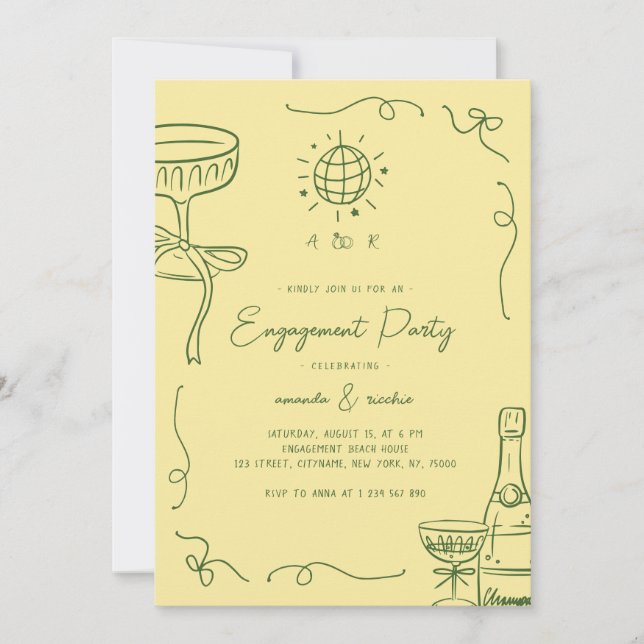 Whimsical French Fun Hand Drawn Engagement Party Invitation (Front)