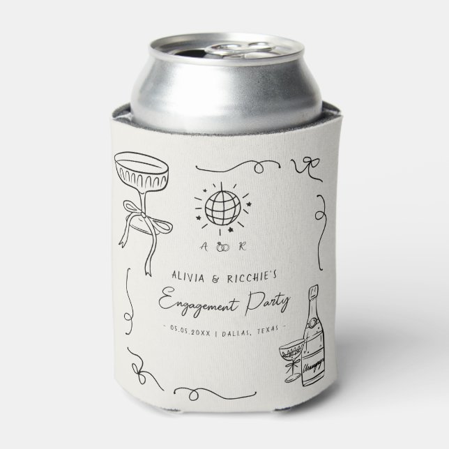 Whimsical French Hand Drawn Engagement Party Favou Can Cooler (Can Front)