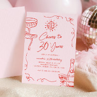 Whimsical French Hand Drawn Pink Red 30th Birthday