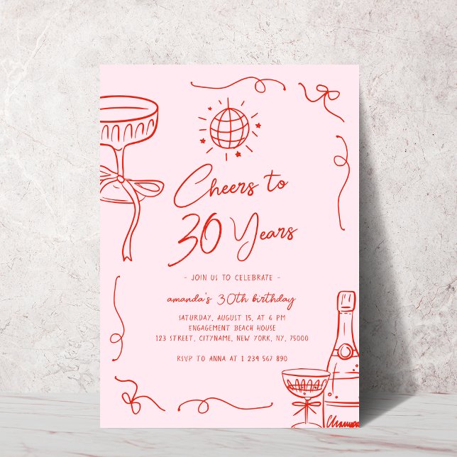 Whimsical French Hand Drawn Pink Red 30th Birthday Invitation (Creator Uploaded)