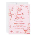 Whimsical French Hand Drawn Pink Red 30th Birthday