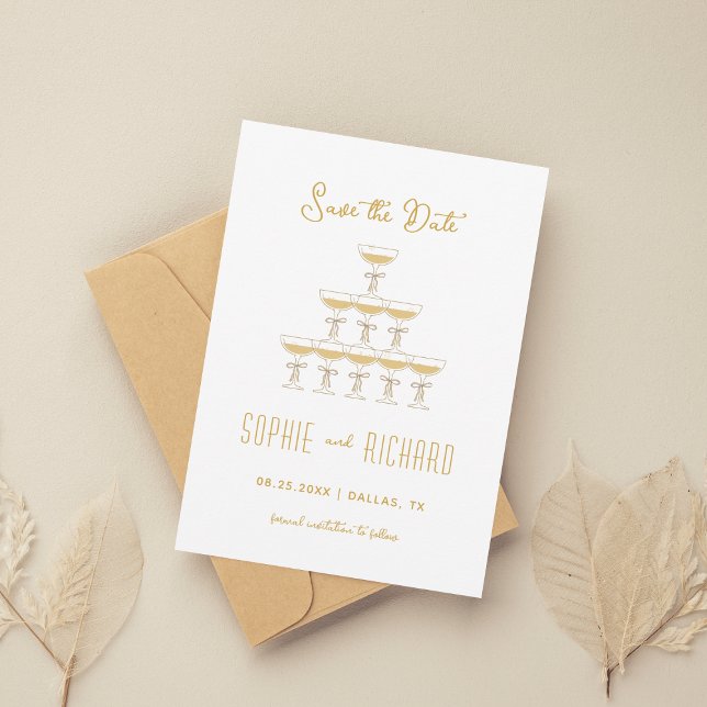 Whimsical French Ribbon Champagne Tower Wedding Save The Date (Creator Uploaded)