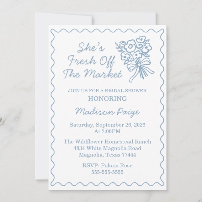 Whimsical Fresh Off The Market Blue Bridal Shower Invitation (Front)
