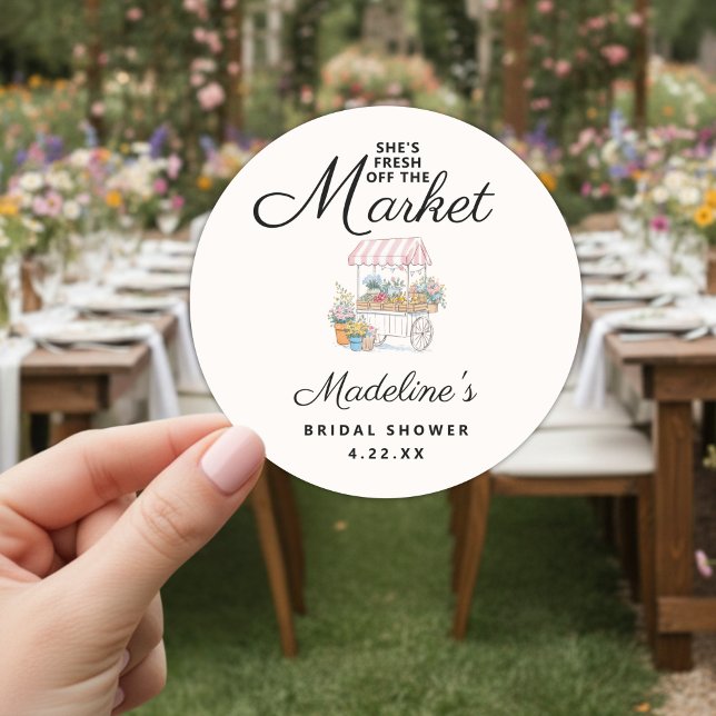 Whimsical Fresh Off The Market Bridal Shower  Classic Round Sticker (Creator Uploaded)