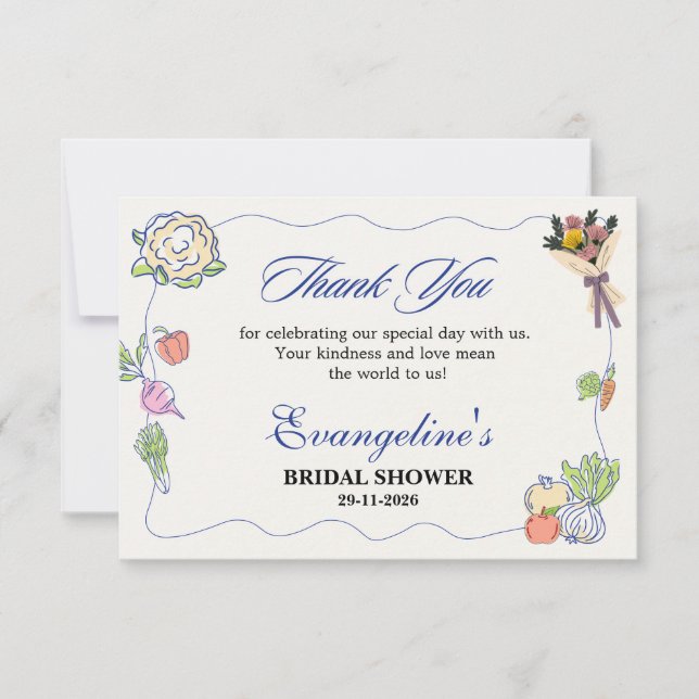 Whimsical Fresh Off the Market Bridal Shower  Thank You Card (Front)