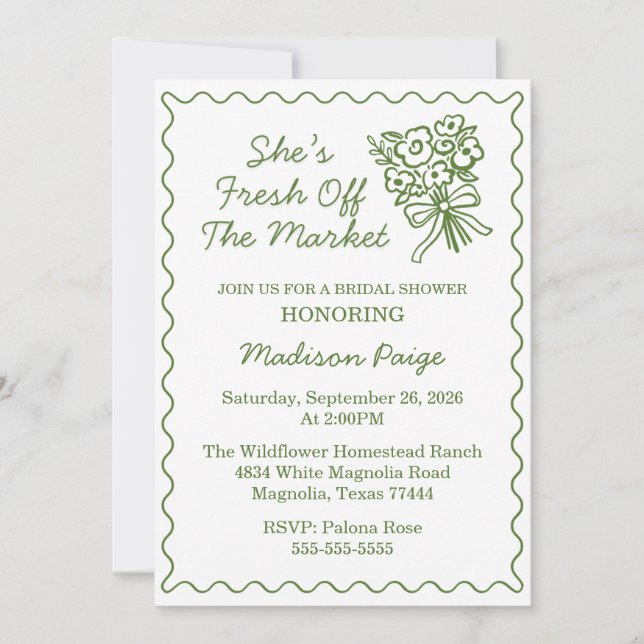 Whimsical Fresh Off The Market Green Bridal Shower Invitation (Front)