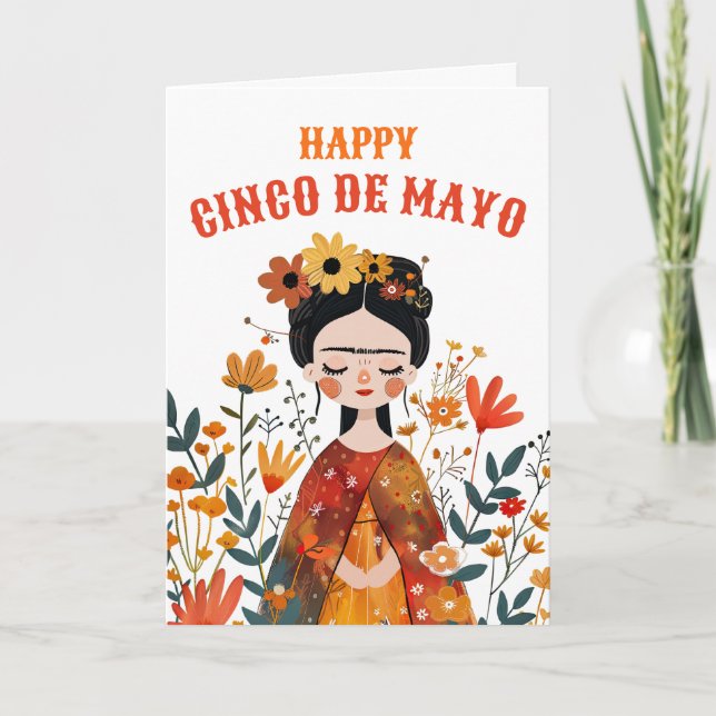 Whimsical Frida Kahlo Happy Cinco de Mayo Holiday Card (Front)