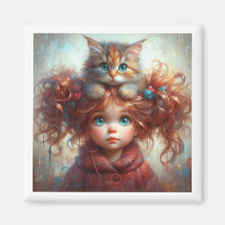 "Whimsical Friendship: Girl & Kitten Magnet" Magnet