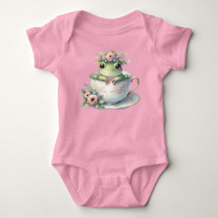Whimsical Frog in Floral Teacup Baby Bodysuit