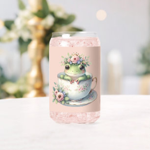 Whimsical Frog in Floral Teacup Can Glass