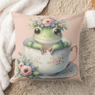 Whimsical Frog in Floral Teacup Cushion