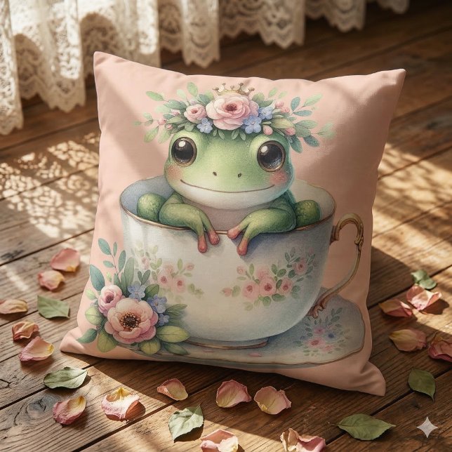 Whimsical Frog in Floral Teacup Cushion (Whimsical Frog in Floral Teacup Throw Pillow Mockup B)